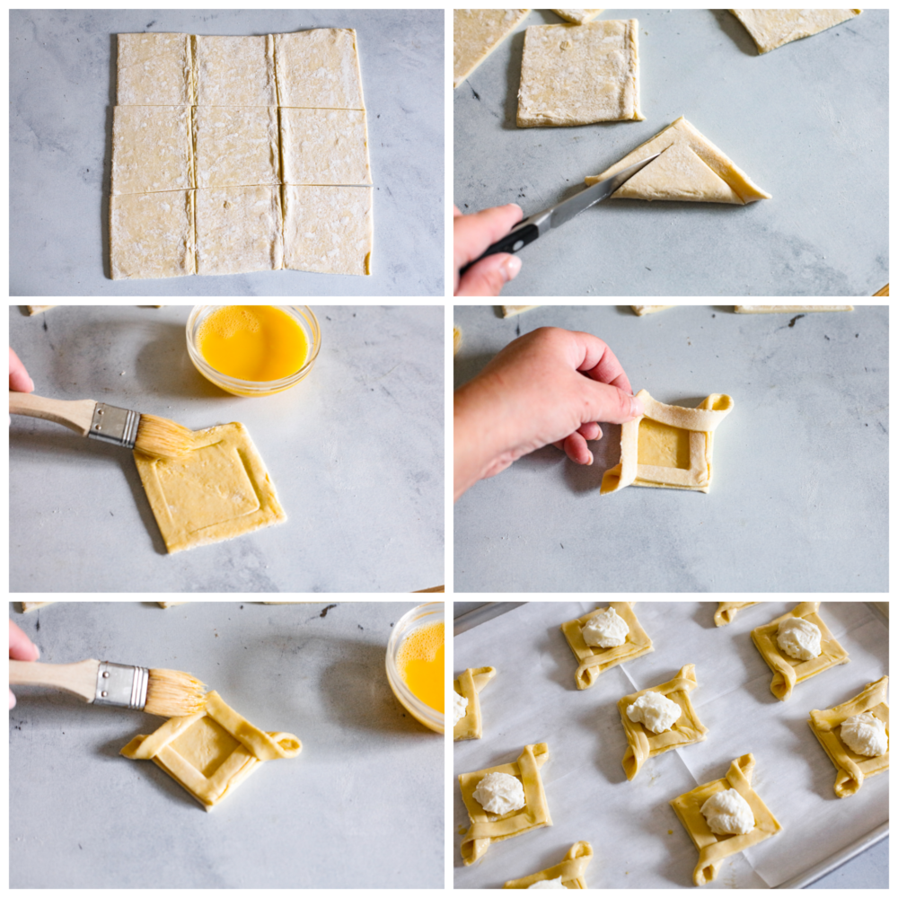 Collage di 6 foto di formaggi danesi in preparazione.
