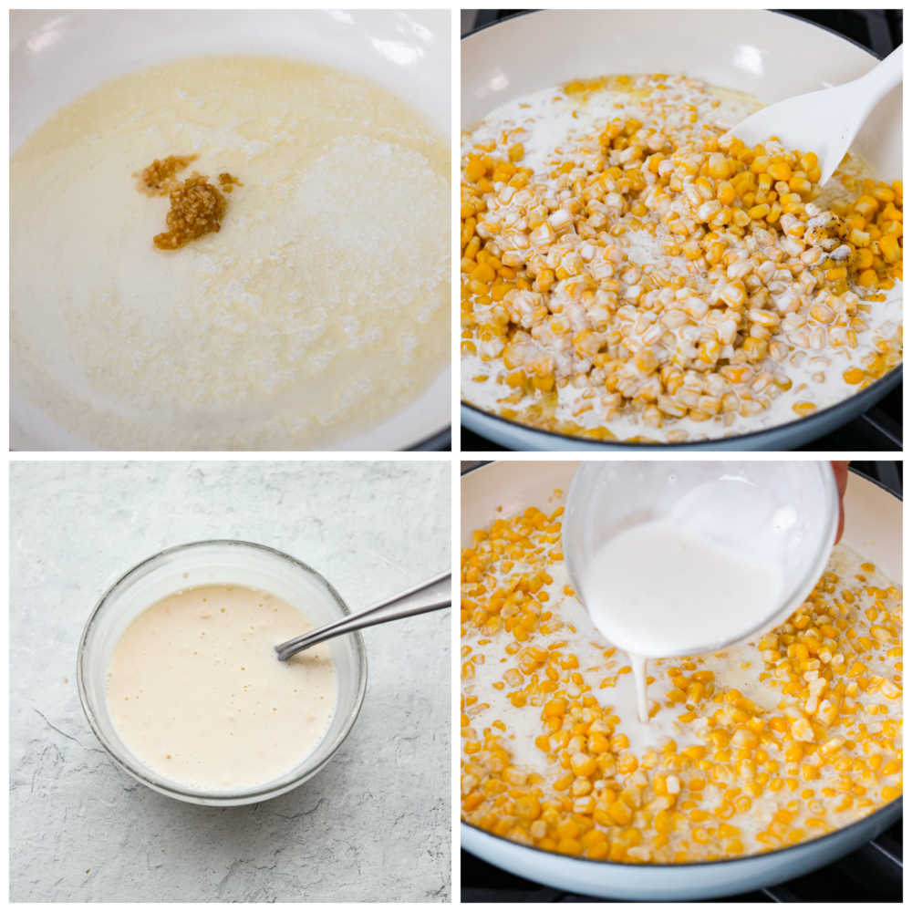 Collage of 4 photos of corn cooked in a creamy sauce.