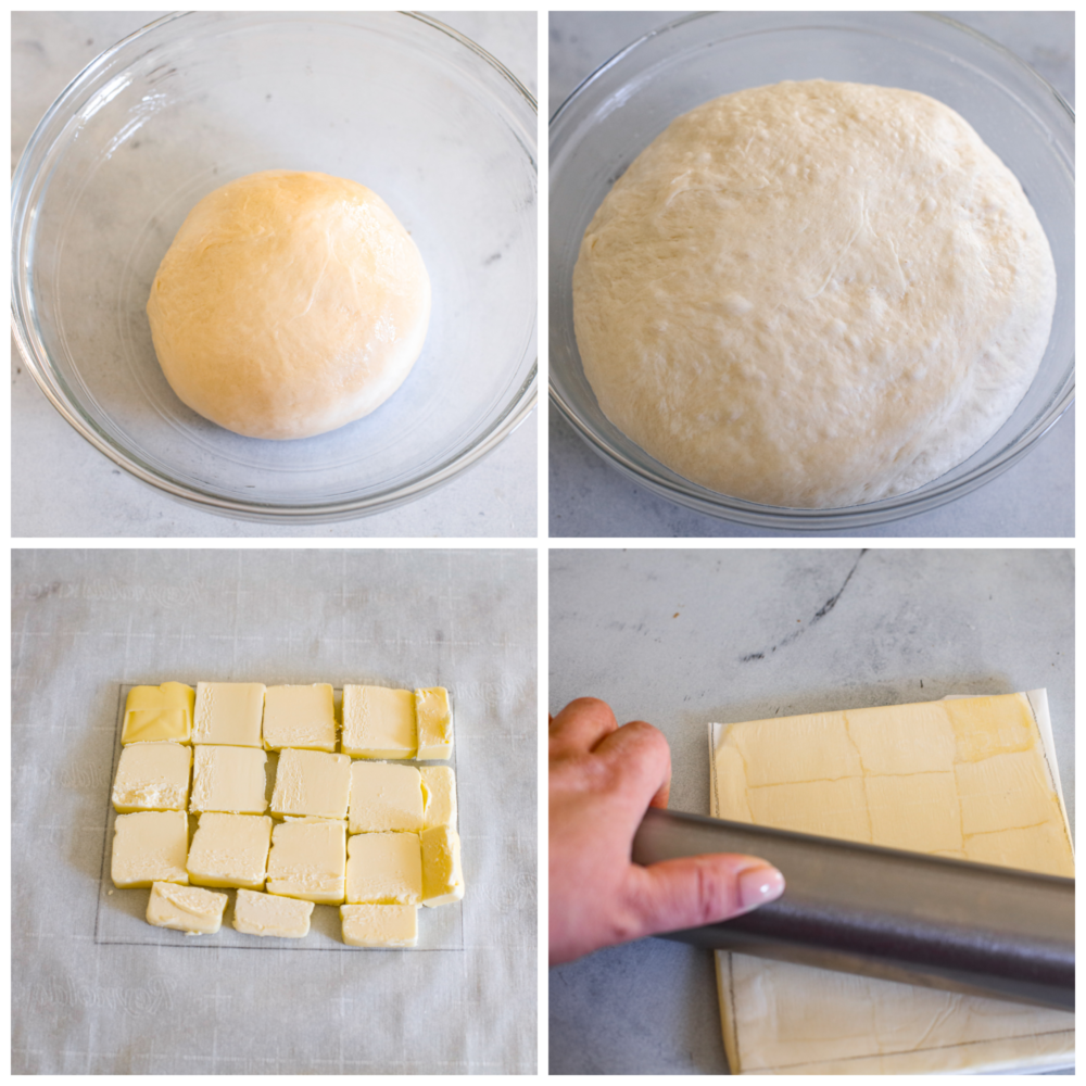 First photo is the prepared dough in a glass bowl. Second photo is the raised dough in the glass bowl. Third photo are the cut squares of butter. Fourth photo is the process of rolling out the butter to one flat square with a rolling pin.