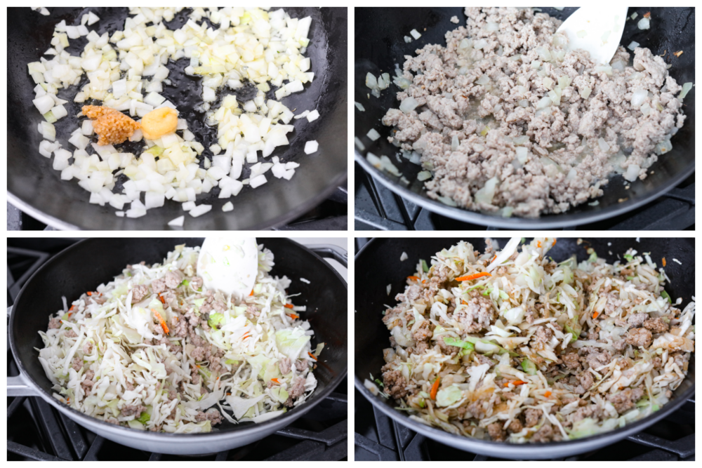 Four pictures showing how to mix and cook all of the ingredients in a pan on the stove. 