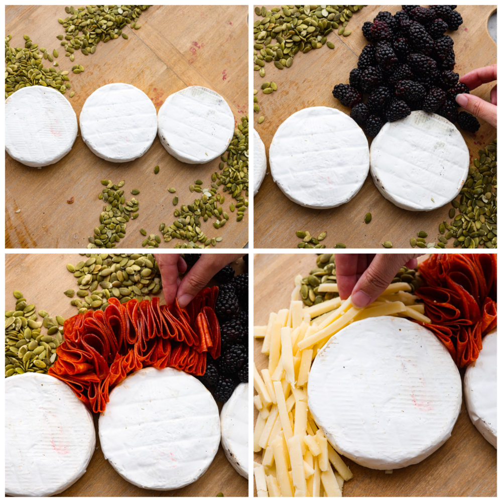 4 pictures showing how to add the cheese wheels and the ingredients to make the 