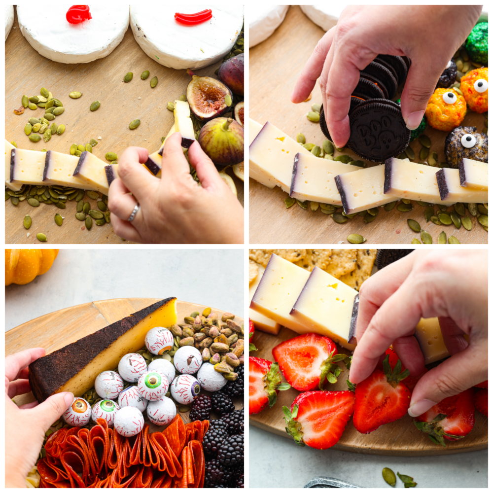 4 pictures showing how to add cheese slices, Oreos and strawberries to the Hocus Pocus Charcuterie board. 