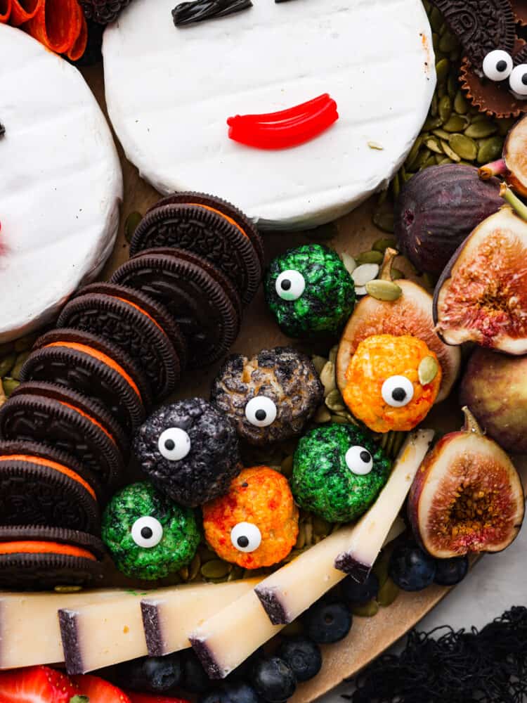 A close up picture of the Rice Krispie Eyeballs on a Hocus Pocus Charcuterie Board.