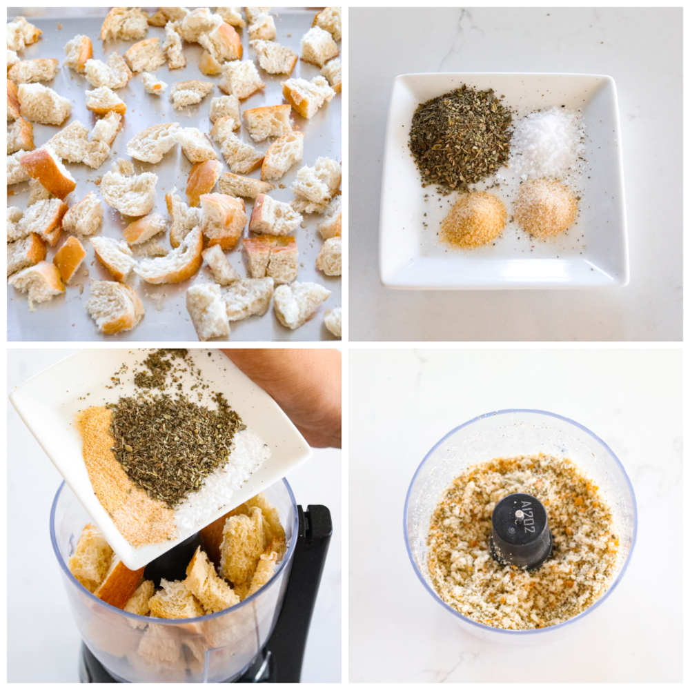 4-photo collage of bread torn into pieces, seasonings being mixed together, and then combined in a food processor.