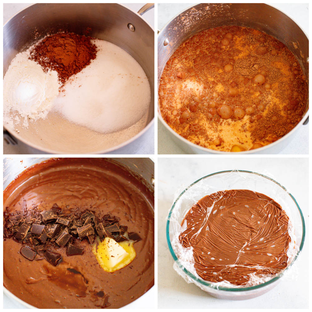 4-photo collage of pudding ingredients being added to a pan and cooked together then transferred to a glass bowl to set.