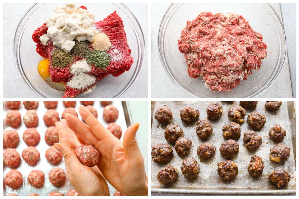 4-photo collage of meatballs being prepared and shaped.