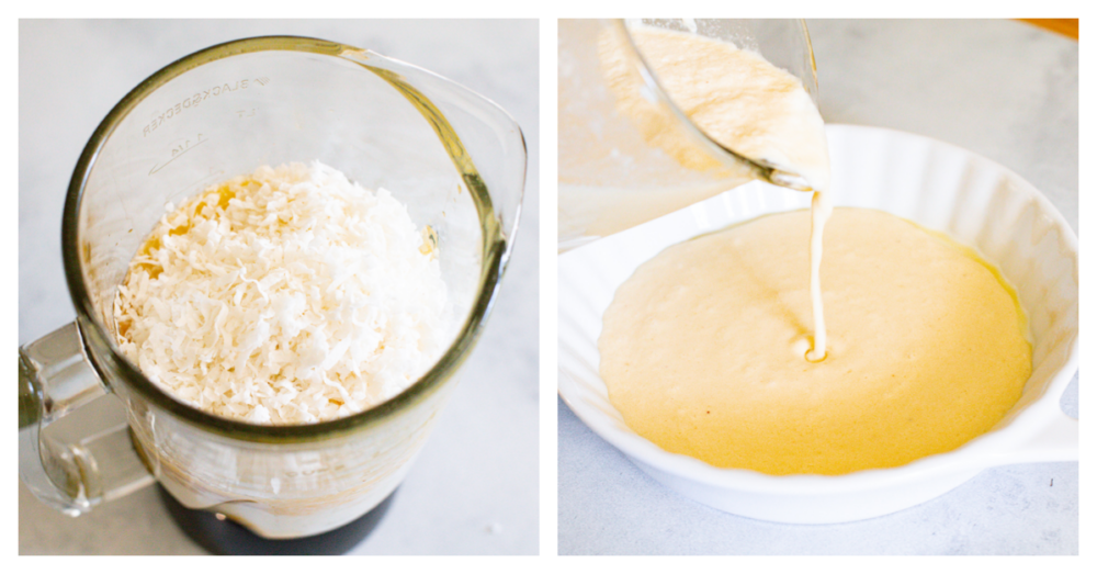 Collage di 2 foto degli ingredienti della pastella che vengono miscelati.