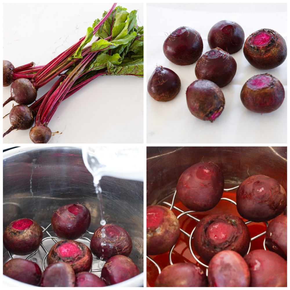 4-photo collage of beets being trimmed, washed, and put in the bottom of an Instant Pot.