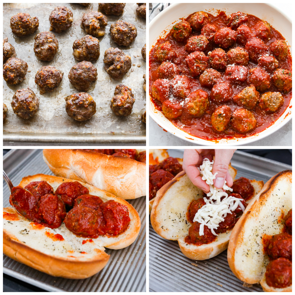 Four process photos of meatball sub assembly.  The first picture is of meatballs cooked on a sheet pan.  Second photo Meatballs and marinara sauce mixed together in a white skillet.  Third picture shows meatballs and marinara being assembled atop toasted hoagie rolls.  The fourth photo is a close-up view of shredded cheese being sprinkled over the meatball sub.