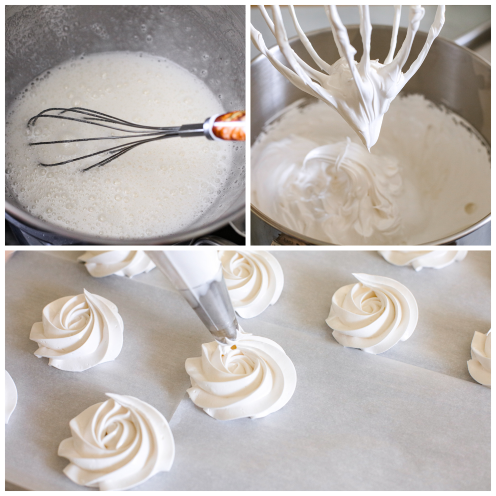 Process photos showing egg whites in a bowl, them whipped into stiff peaks, and then them piped onto parchment paper.