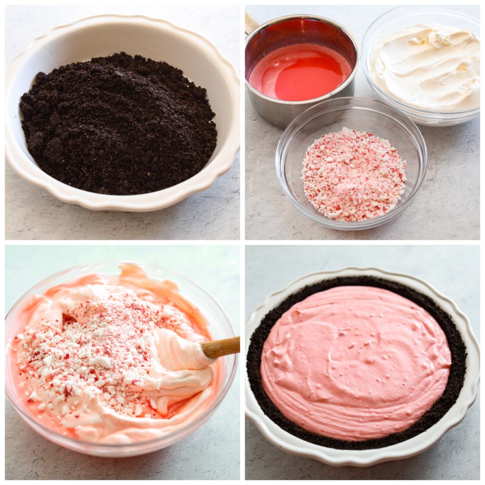 4 pictures showing the crust, ingredients and filling of an oreo crust peppermint pie. 