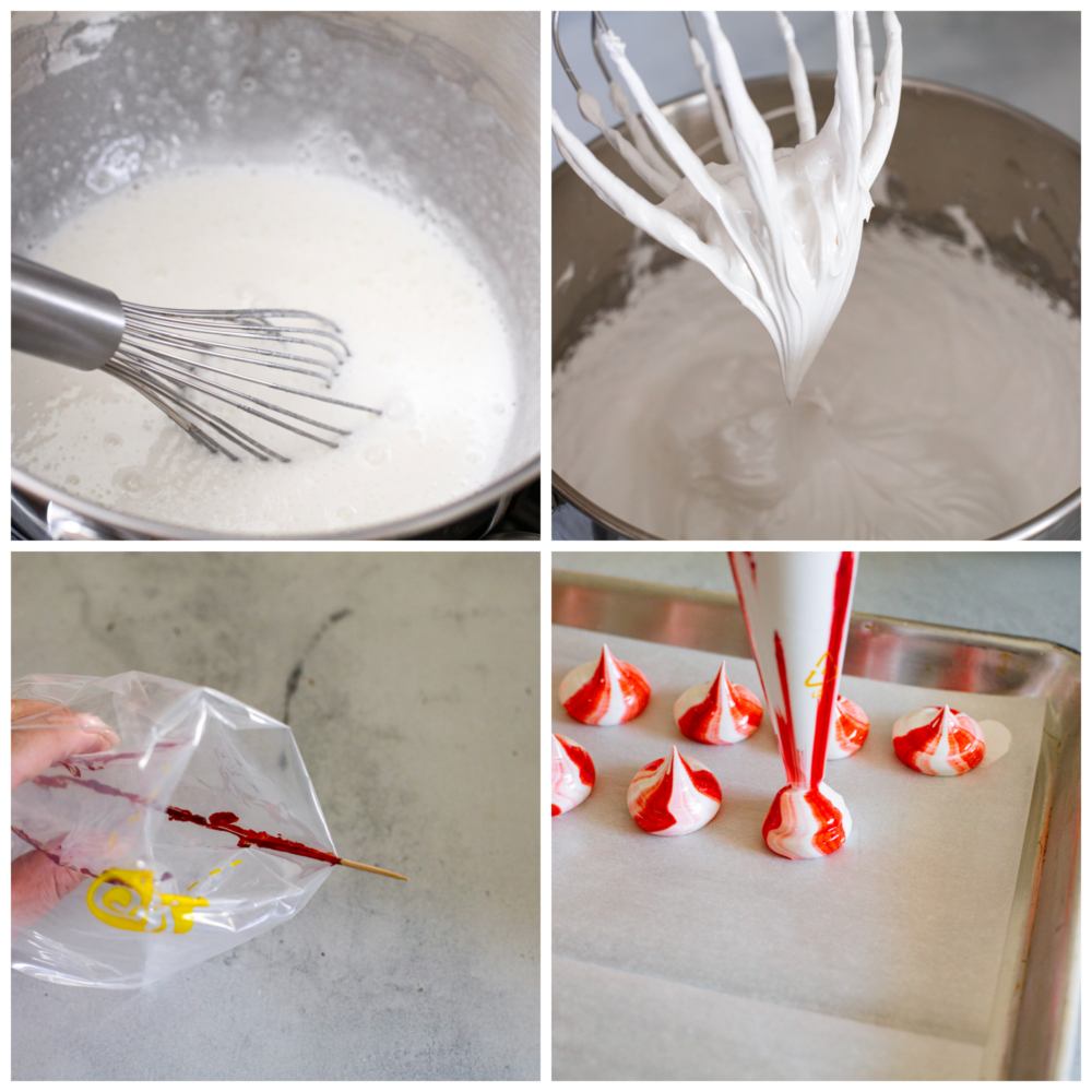 Process pictures showing the egg whites being whipped to stiff peaks, and then piped into a kiss shape.