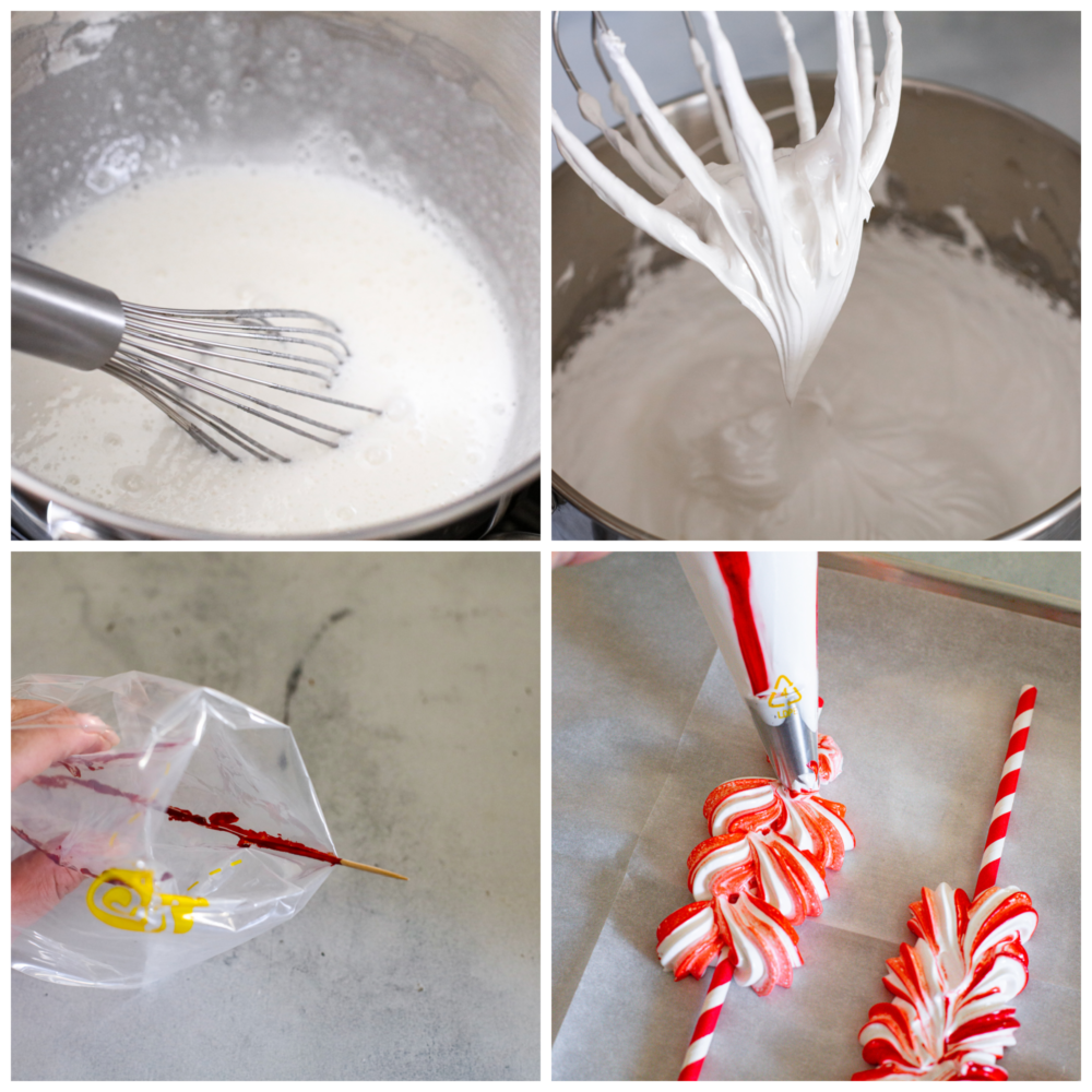 Process photos showing the egg whites in a bowl, the egg whites whipped to a stiff peak, the piping bag with food coloring in it, and the meringue piped onto the straws.