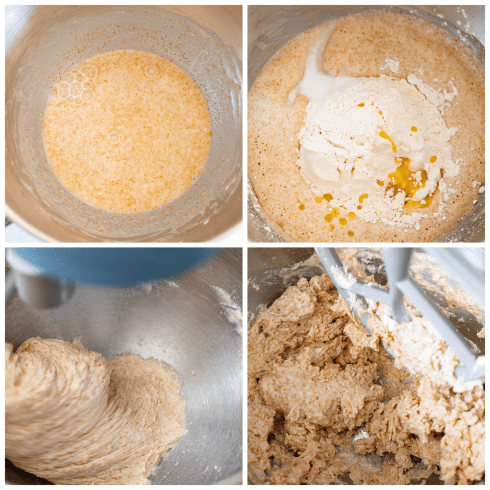 4 pictures showing how to mix the dough. 