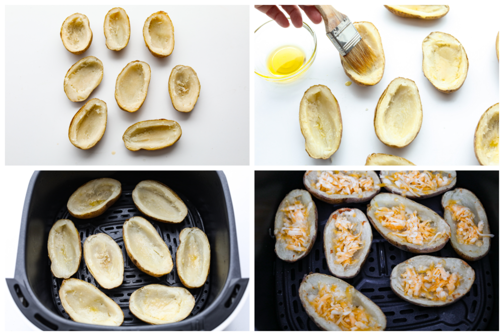 First process photo are the baked potatoes hollowed out.  The second process photo is the olive oil being brushed onto the potato skins.  The third process photo is the potato skins placed in the air fryer.  The fourth process photo is the shredded cheese added to the potato skins in the air fryer.