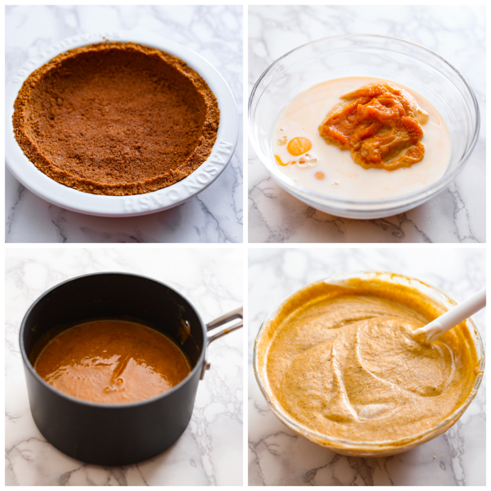 Process photos of a pie dish with pie crust pressed in it, a bowl with pumpkin puree, eggs and milk, a pot with the ingredients mixed together, and the final combined bowl of the filling.