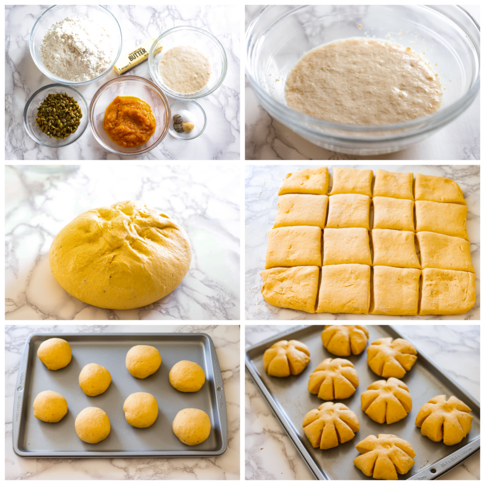 6 pictures showing the process of making the bread dough. 
