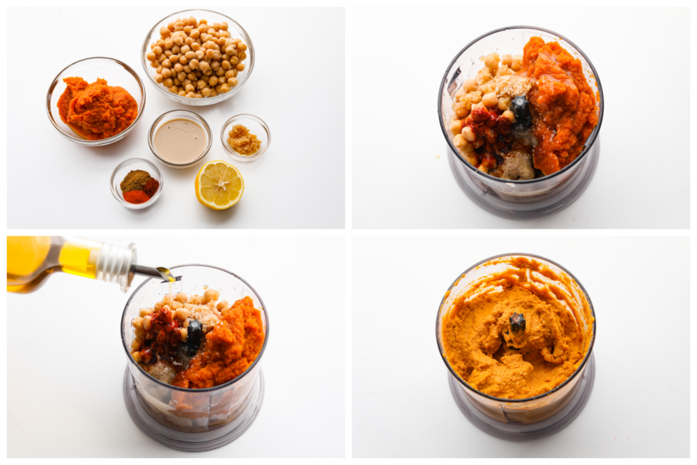 Collage di 4 foto di ingredienti hummus aggiunti a un robot da cucina e miscelati.