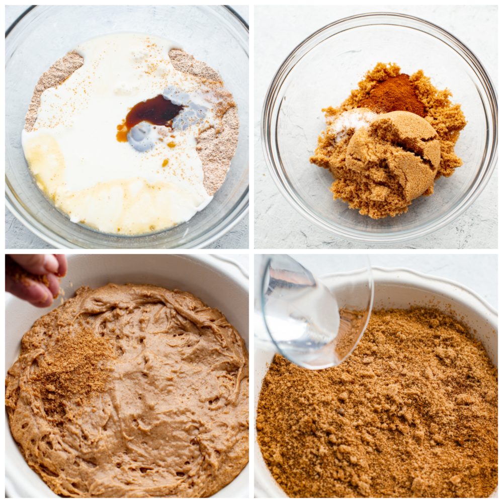 4 pictures showing how to make the batter for snickerdoodle cobbler. 