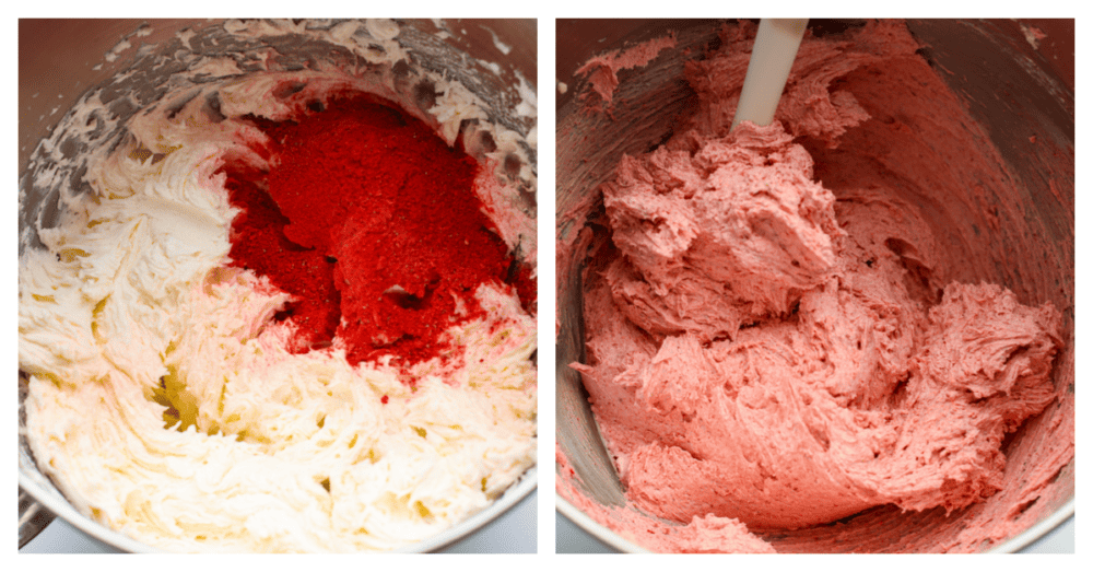 First photo of strawberry frosting ingredients in a bowl.  The freeze-dried strawberry powder is added to the frosting ingredients.  Second photo is the strawberry frosting ingredients all mixed together in a silver bowl.