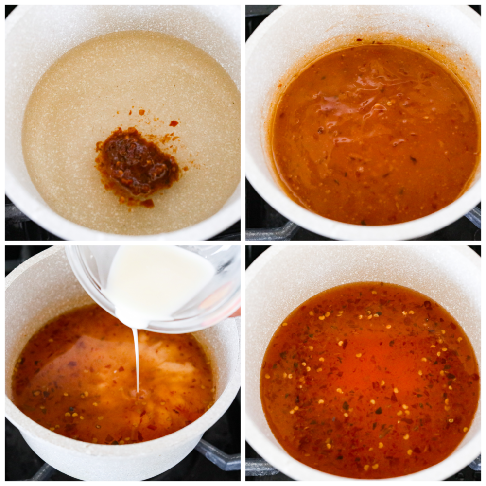 La première photo de processus est les ingrédients dans une casserole prêts à être mélangés.  La deuxième photo montre le mélange sur la cuisinière en train de cuire et de se réchauffer.  La troisième photo est le mélange de fécule de maïs versé dans la sauce.  La quatrième photo est la sauce chili douce finie dans la casserole.