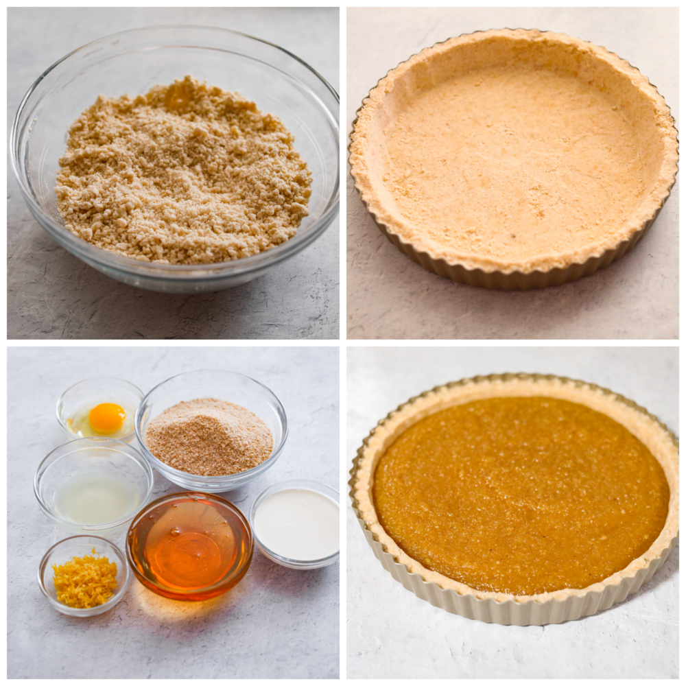 Process photos showing a bowl full of flour, brown sugar and salt. The next photo shows a pan filled with a crust. The next photo shows all the ingredients for the filling in bowls. The last photo shows the crust filled with filling.
