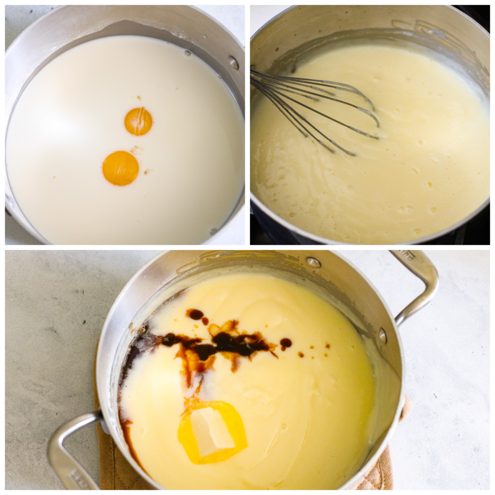 Collage di 3 foto di ingredienti del budino che vengono sbattuti insieme e cucinati.