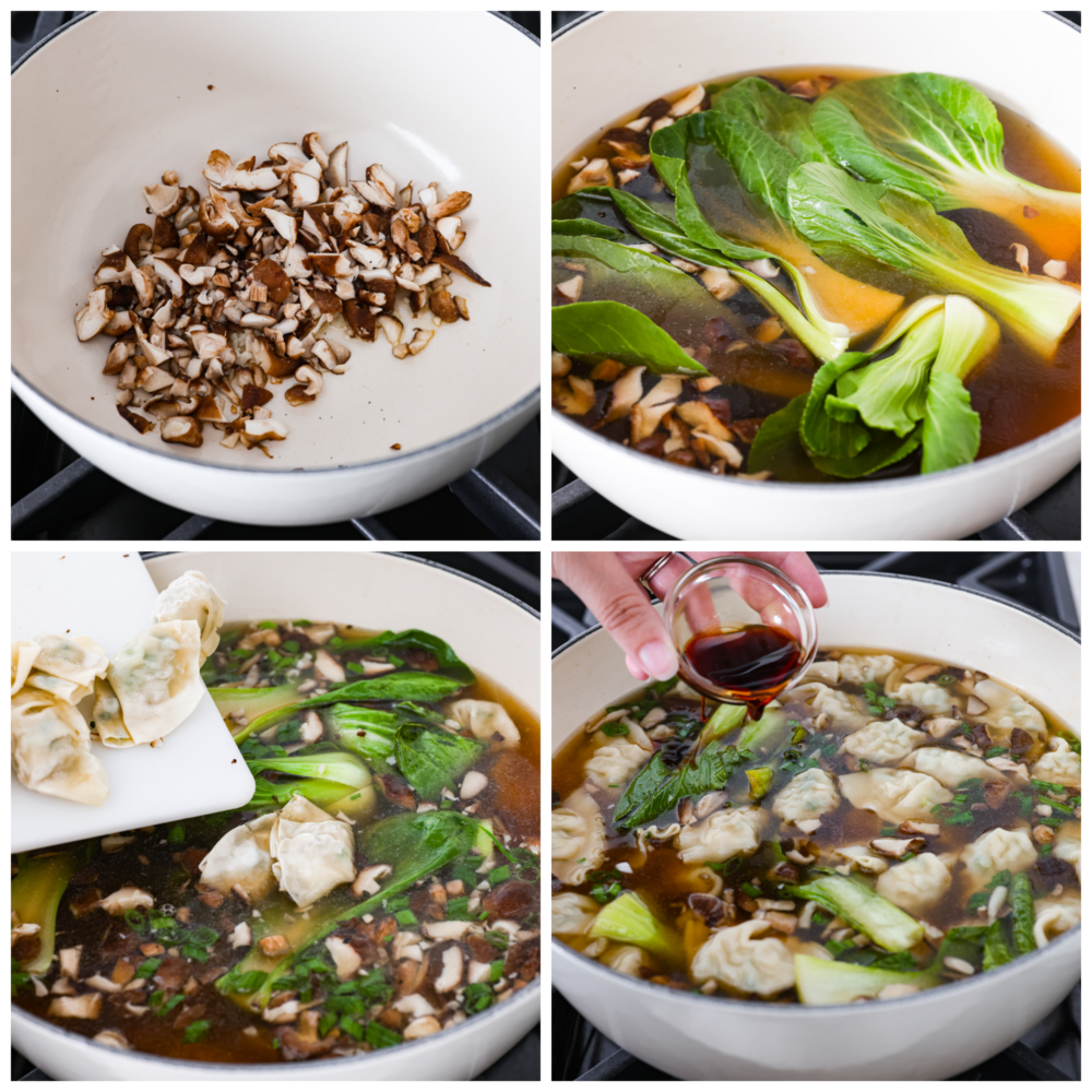First photo is the chopped mushrooms cooking in the pot.  The second photo is the broth and bok choy added to the pot.  Third photo is the wonton dumplings being added to the soup.  The fourth photo is soy sauce being poured into the soup.
