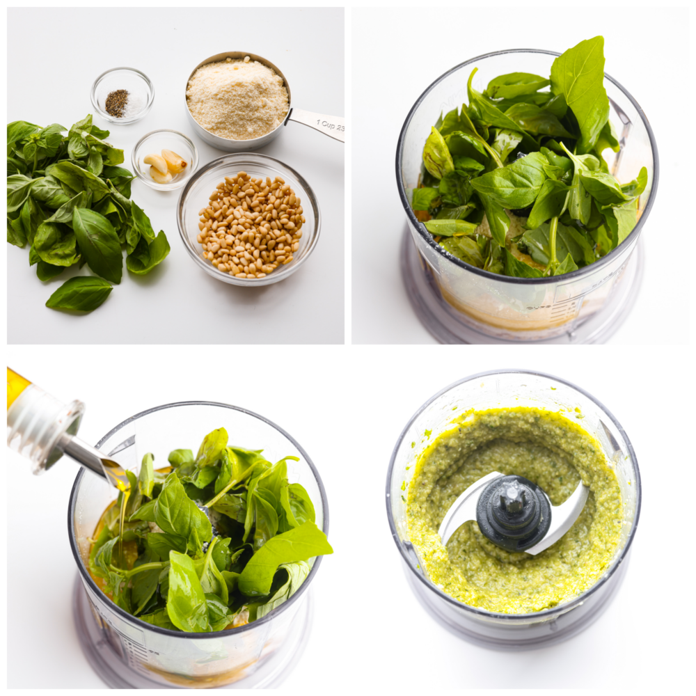 Collage de 4 fotos de ingredientes de pesto que se mezclan en una pasta.