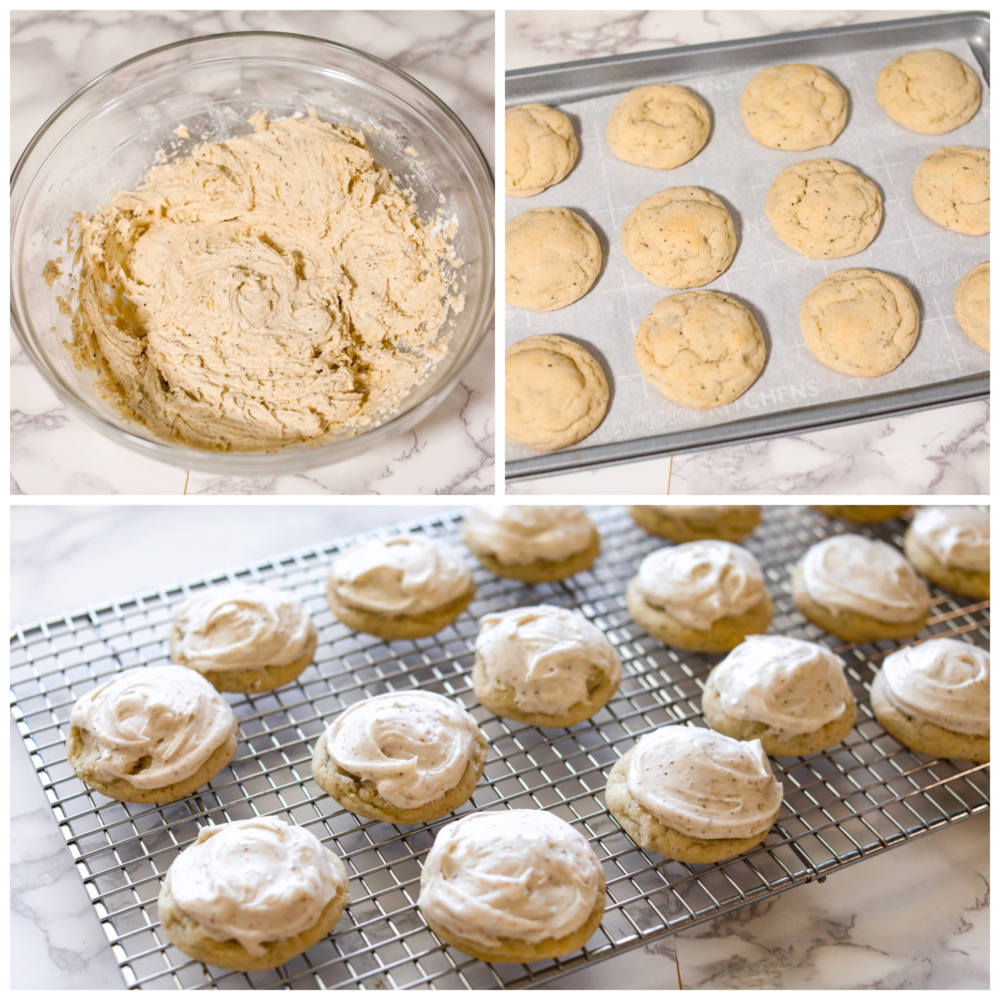 Process photos showing a bowl with batter in it, cookies baking on a sheet, and finished cookies frosted sitting on a wire rack.