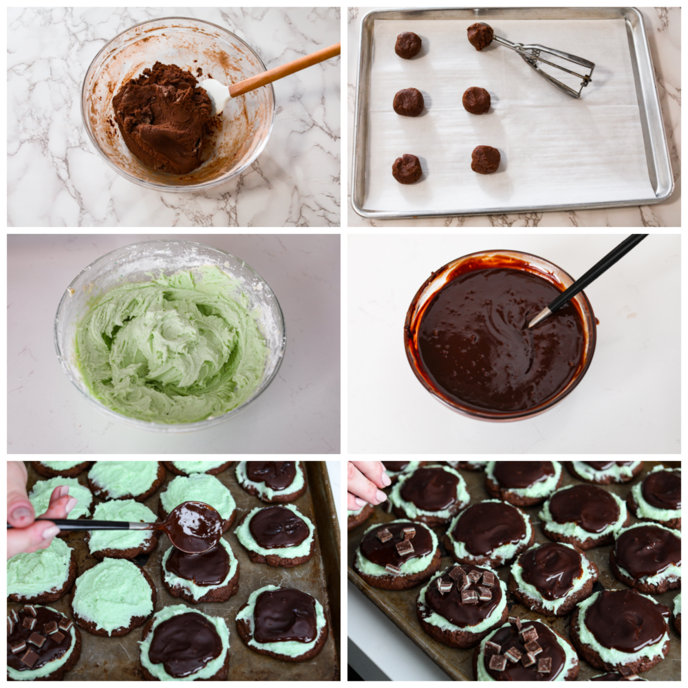Process photos showing the cookie dough in a bowl, then scooped out on to a baking sheet. The frosting and ganache in bowls, then the cookies being frosted and topped with ganache and Andes mints.