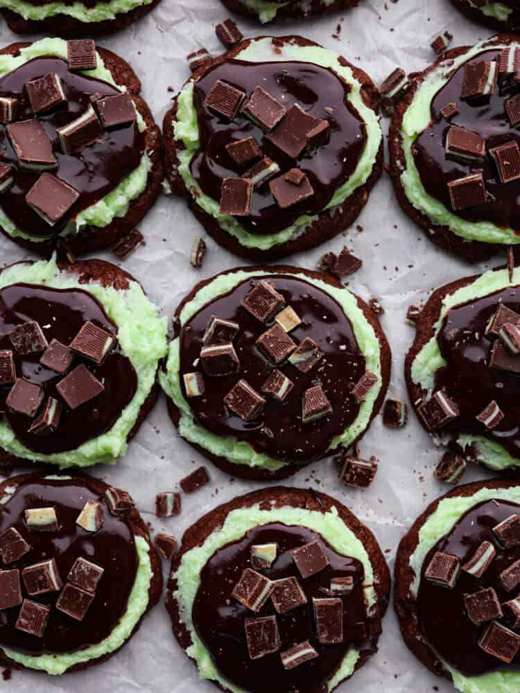 Andes mint cookies on parchment paper.