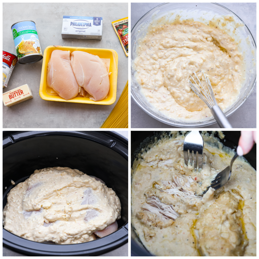 First photo is the ingredients for slow cooker angel chicken placed on a gray countertop.  Second photo is the sauce ingredients mixed together in a large bowl with a whisk.  Third photo is the chicken and sauce mixture in the crockpot before it cooks.  Fourth photo is two forks shredding the chicken cooked in the crockpot. 