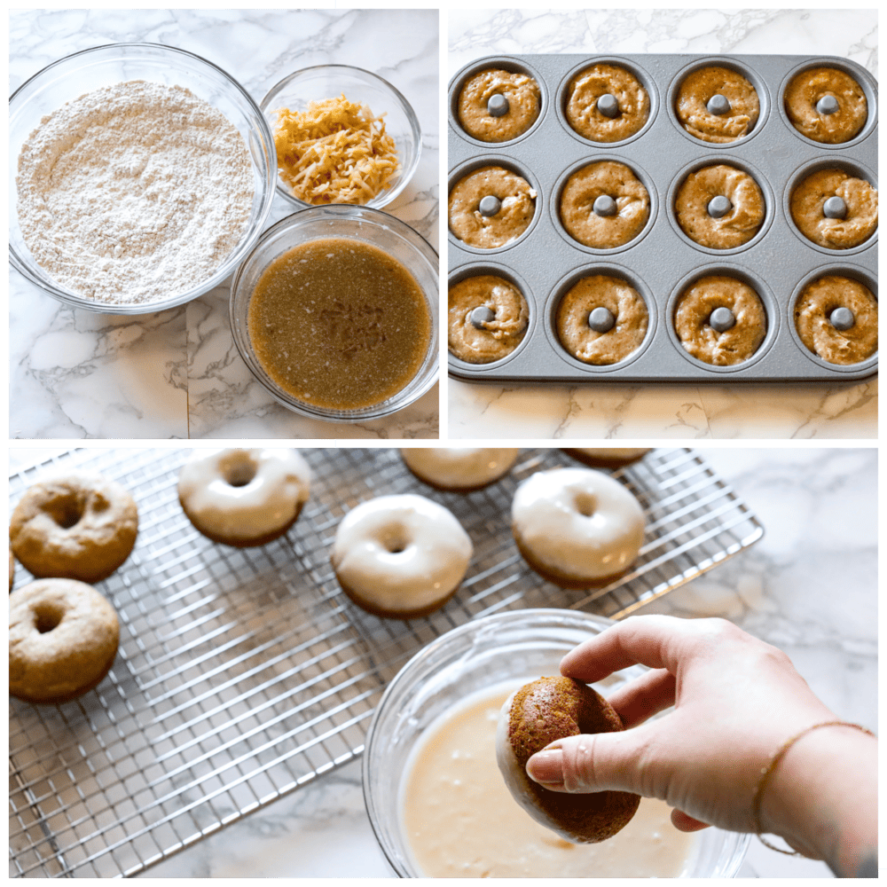 3-photo collage of donut batter being prepared, added to a pan, and then baked donuts being glazed with frosting.