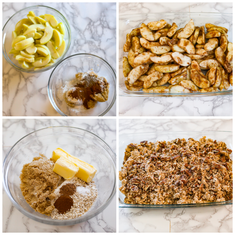 4 pictures showing the steps on how to make apple pecan crisp. 