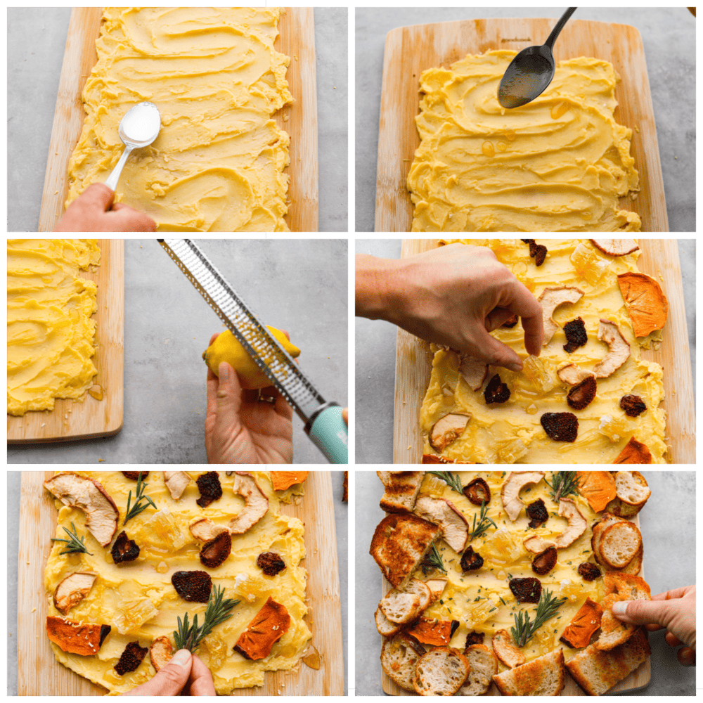 Six pictures showing the steps of layering all of the ingredients on a butter board. 