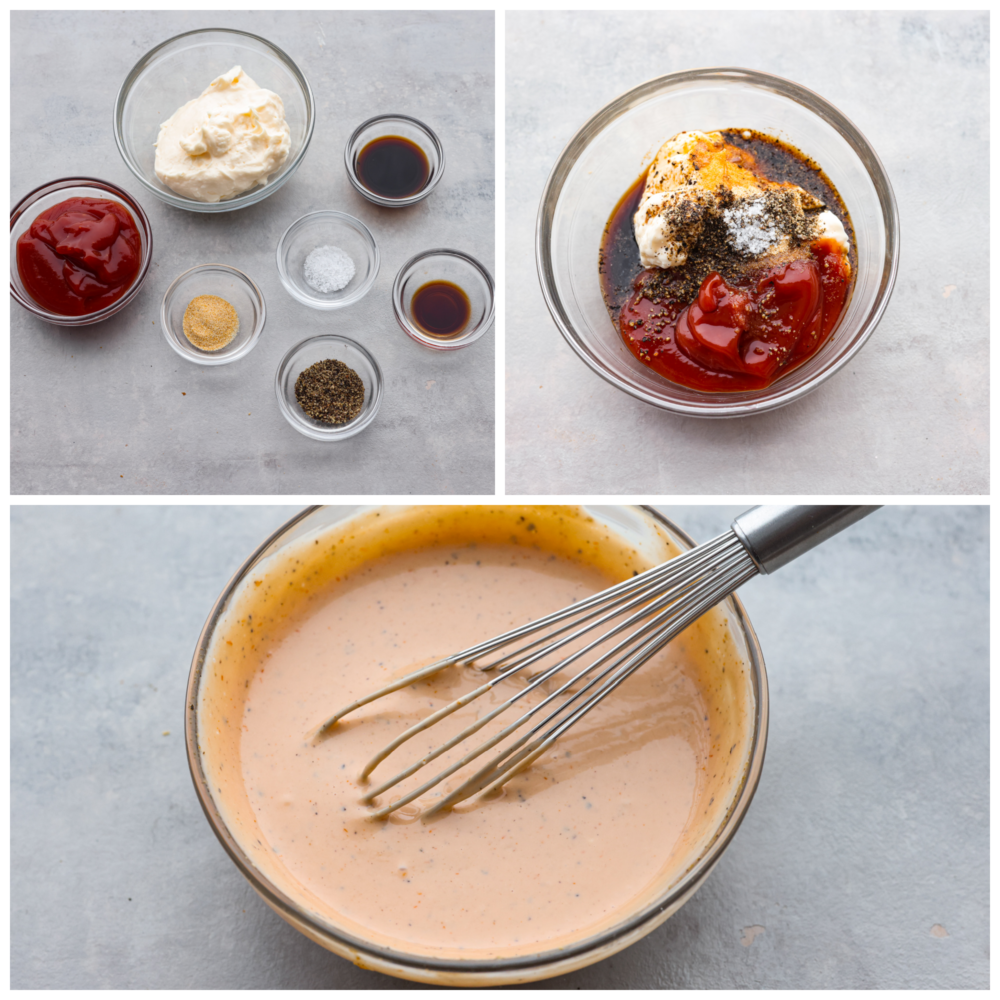 First photo is the ingredients separated in small clear bowls.  Second photo is all of the ingredients combined into one bowl.  Third photo is the ingredients whisked together with the whisk is in the bowl.