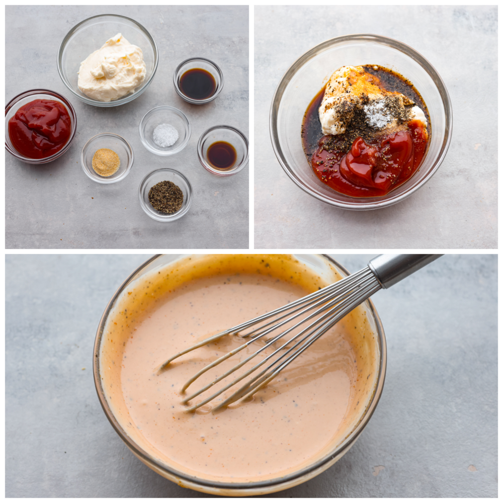 First photo is the ingredients separated in small clear bowls. Second photo is all of the ingredients combined into one bowl. Third photo is the ingredients whisked together with the whisk is in the bowl.