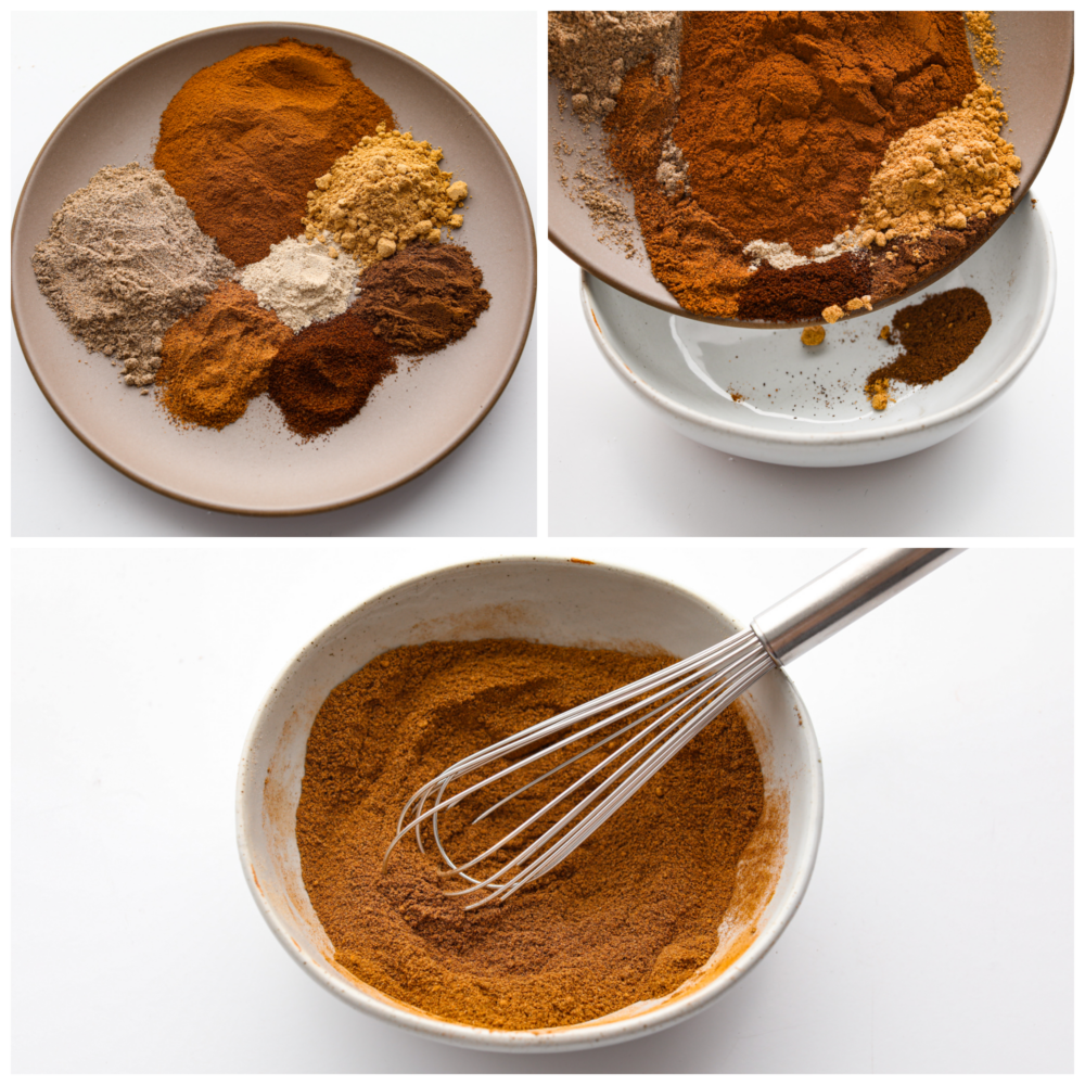 Process photos showing spices added to a bowl, and those spices being combined with a whisk