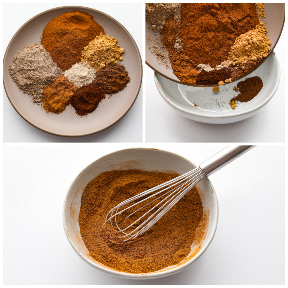 Process photos showing spices added to a bowl, and those spices being combined with a whisk