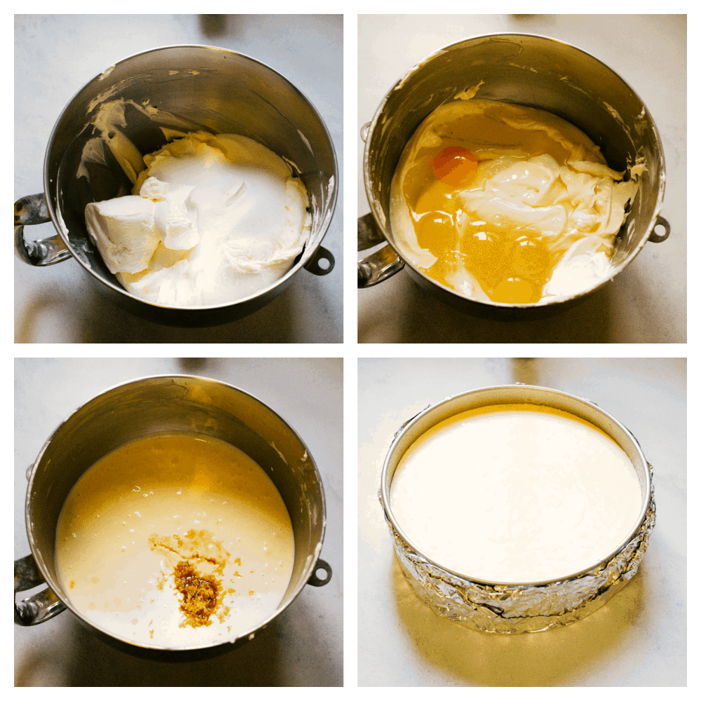 Process photos showing a mixing bowl with cream cheese in it, then eggs being added, the ingredients combined, and the ingredients in a spring form pan with foil wrapped around it.