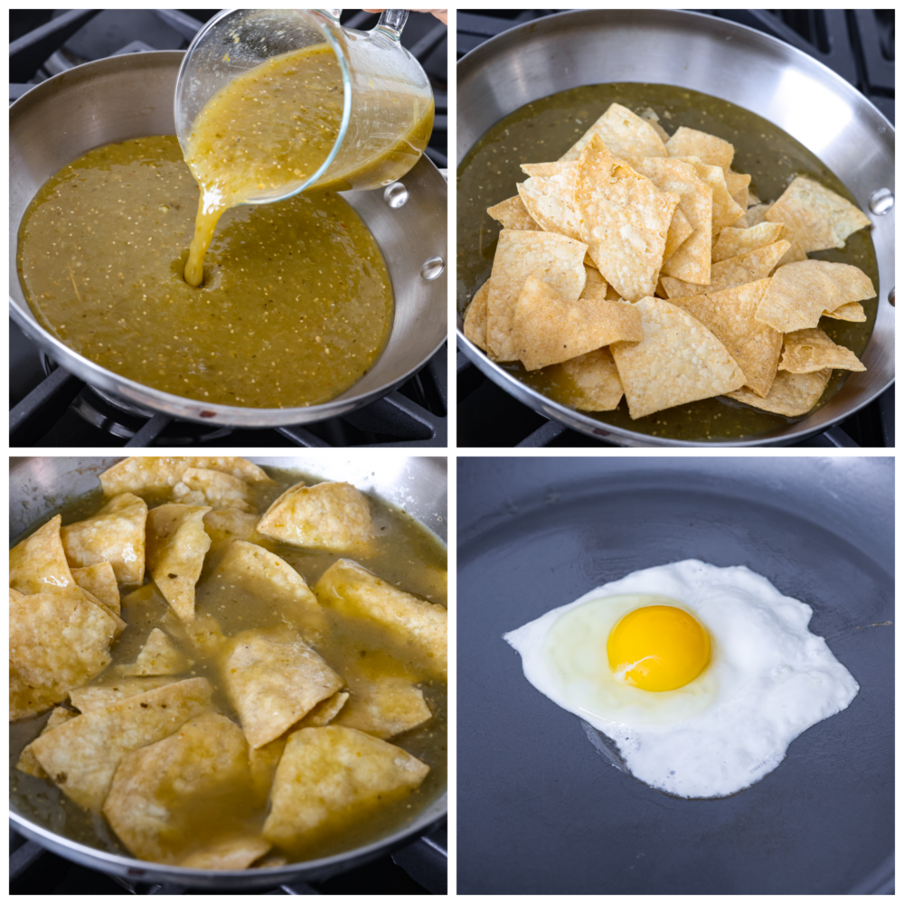 Elabora foto che mostrano la salsa che viene riscaldata in una padella, le tortilla chips che vengono messe nella salsa e un uovo che frigge in una padella.