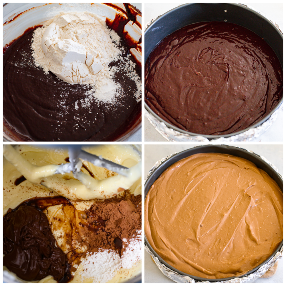 4-photo collage of brownie crust and chocolate cheesecake filing being prepared.