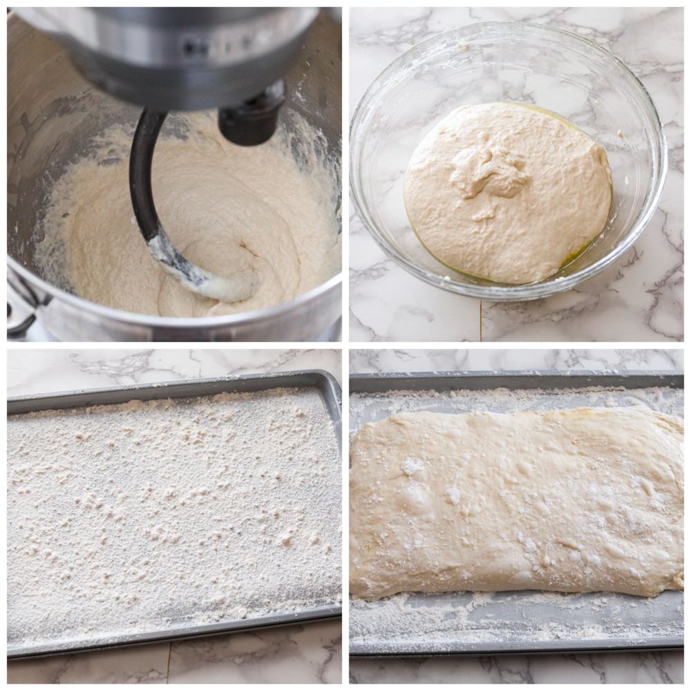 First photo is the dough in a stand mixer with the dough hook.  Second photo is the dough rising in a glass bowl. Third photo is the floured prepared baking sheet pan. Fourth photo is the dough formed on the prepared pan.