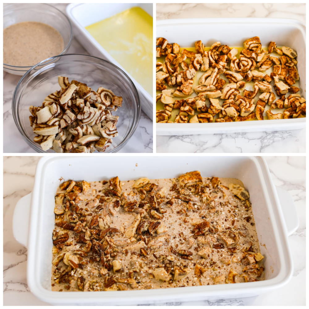 3 pictures showing how to make cinnamon French toast bake. 