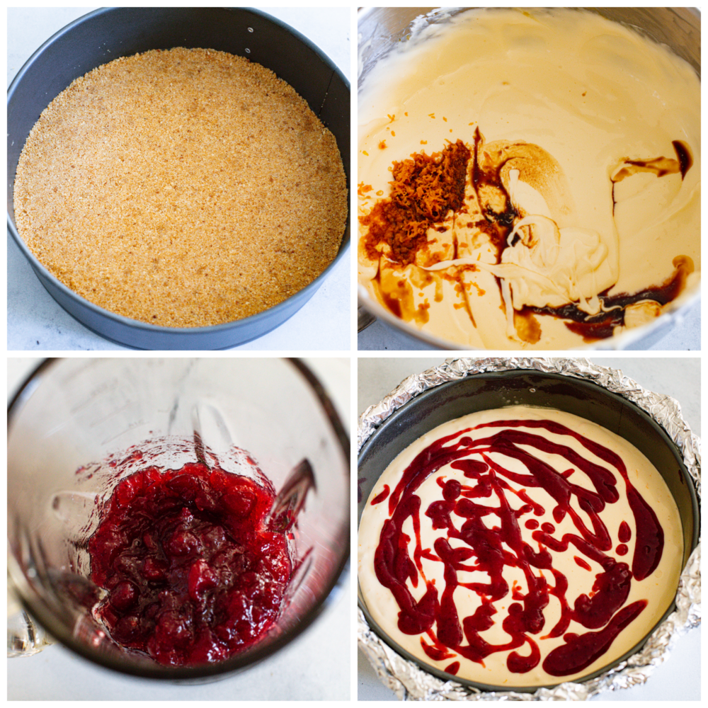 Process photos showing graham cracker crust pressed in a springform pan, the batter being added on top, the cranberry sauce in the blender, and finally the cranberry sauce put on top of the cheesecake.