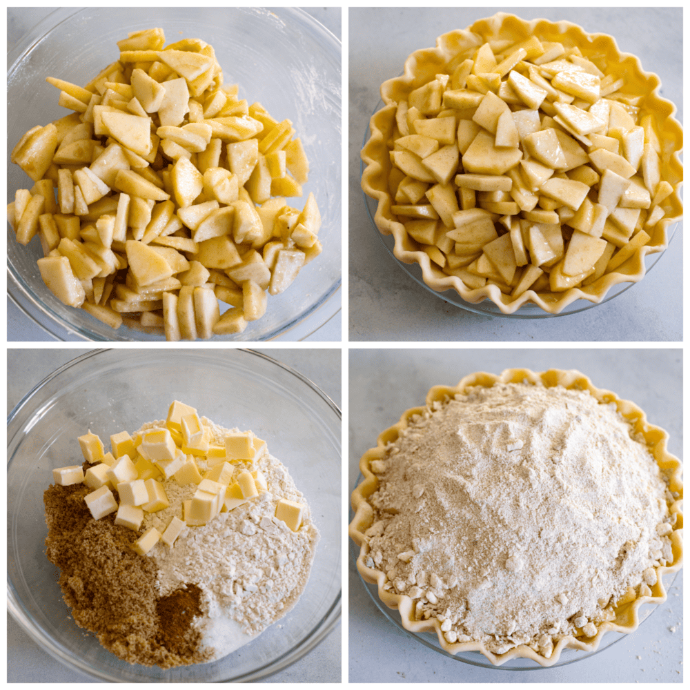 4-photo collage of apple filling being added to a pie crust.