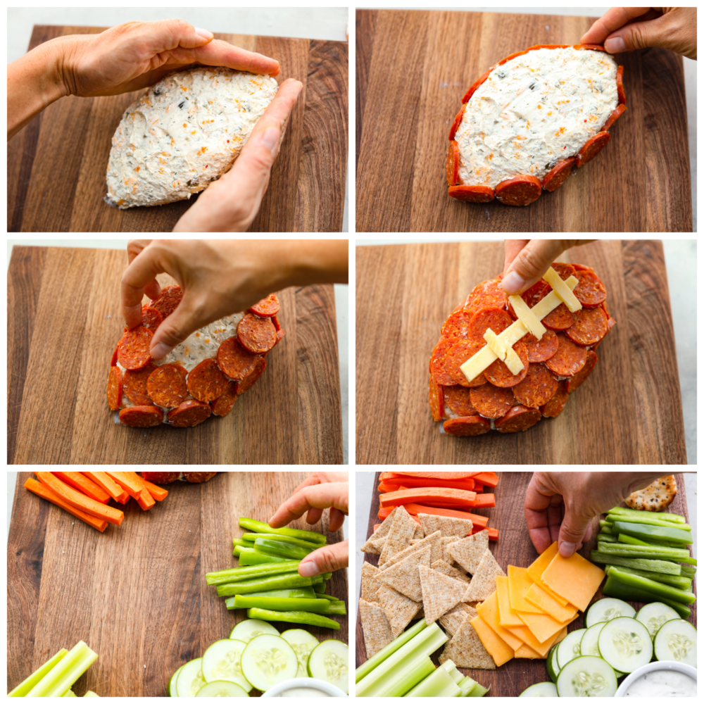 6 photos showing how to make the football cheese ball and add the vegetables, chips and cheese to the plate. 