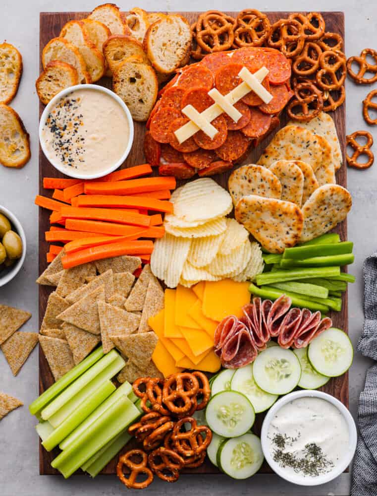 The top view of a plate of football charcuterie. 