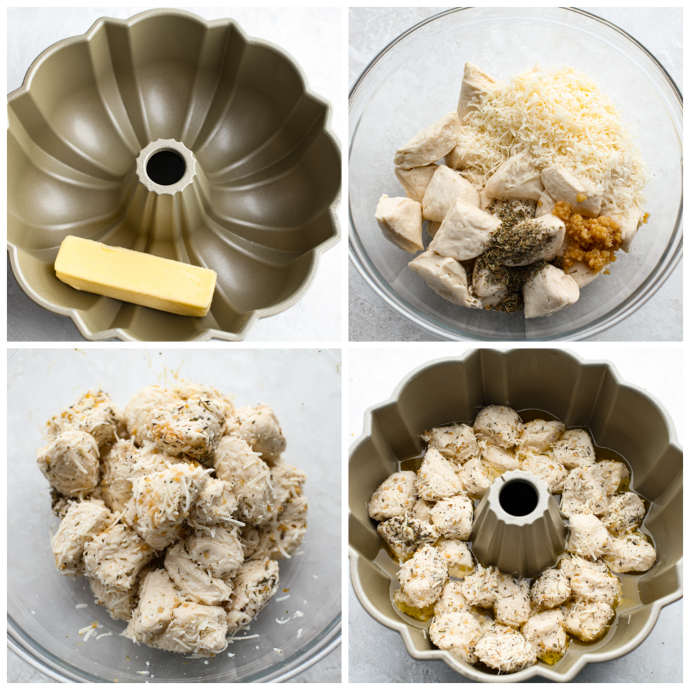 4-photo collage of Grands biscuits being seasoned with parmesan cheese and herbs.